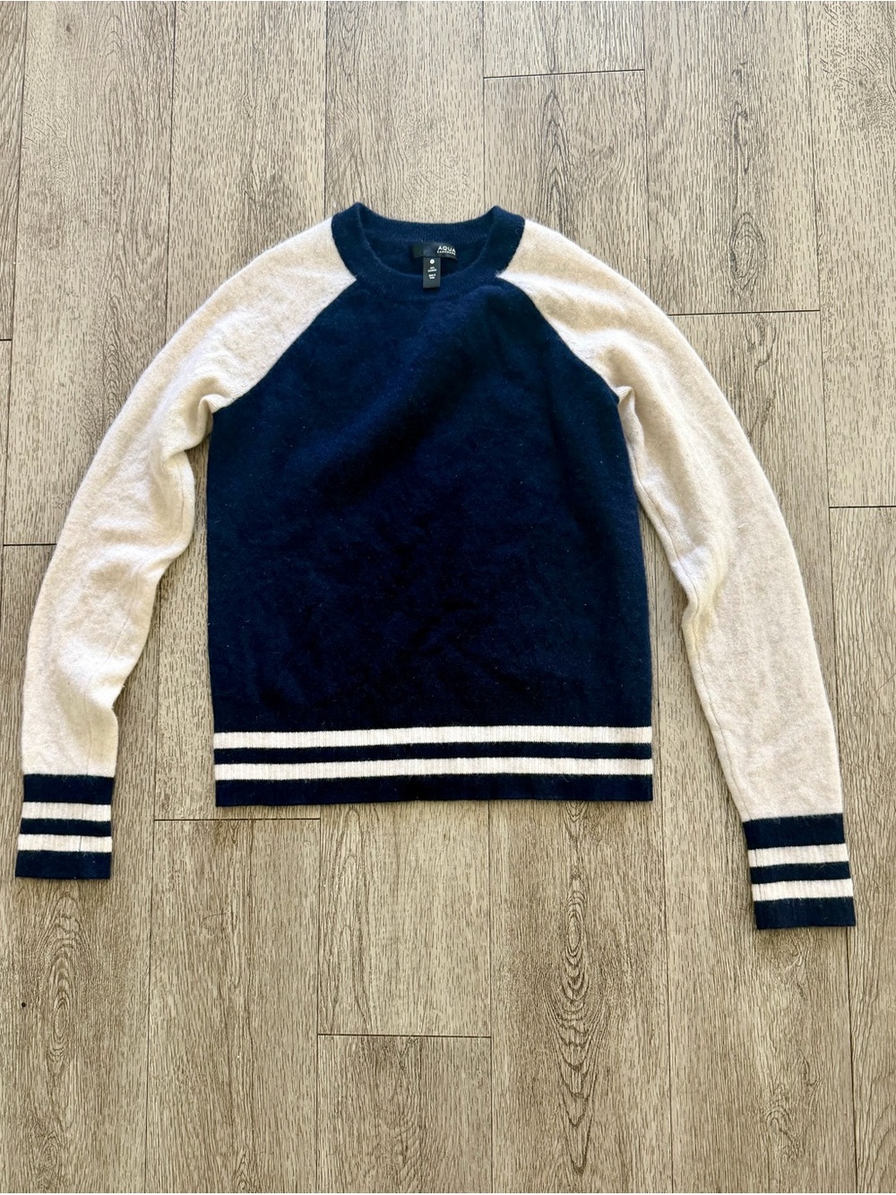 Aqua Navy and Cream Cashmere Crewneck Sweater
